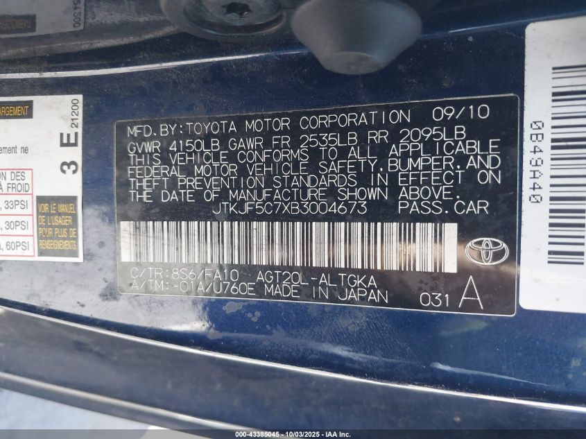 2011 Scion Tc VIN: JTKJF5C7XB3004673 Lot: 43385045