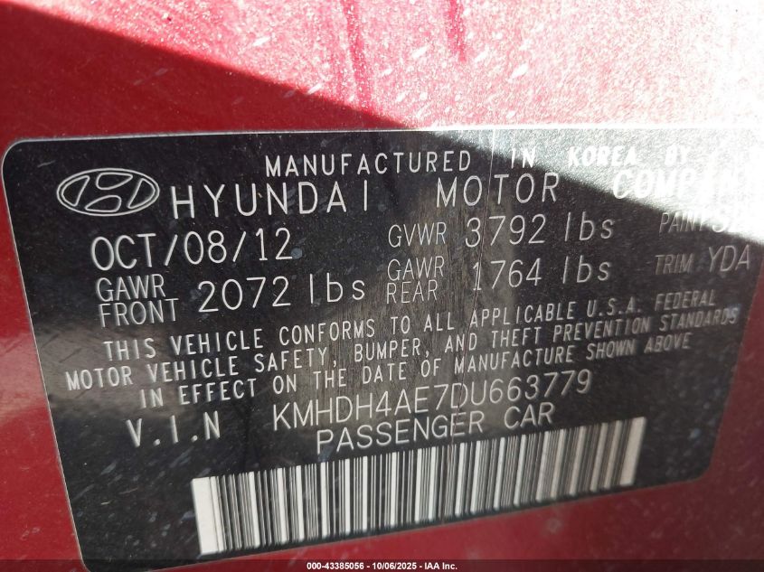 2013 Hyundai Elantra Gls VIN: KMHDH4AE7DU663779 Lot: 43385056
