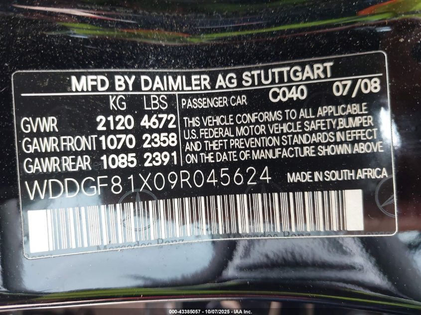 2009 Mercedes-Benz C 300 Luxury 4Matic/Sport 4Matic VIN: WDDGF81X09R045624 Lot: 43385057