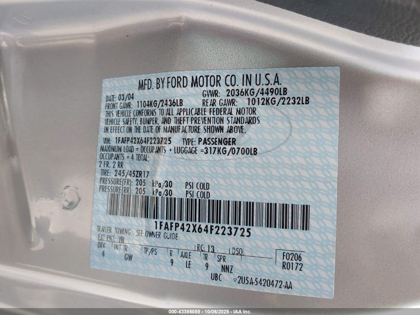 2004 Ford Mustang Gt VIN: 1FAFP42X64F223725 Lot: 43385059