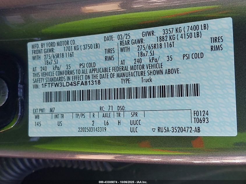 2025 Ford F-150 Xlt VIN: 1FTFW3LD4SFA81318 Lot: 43385074