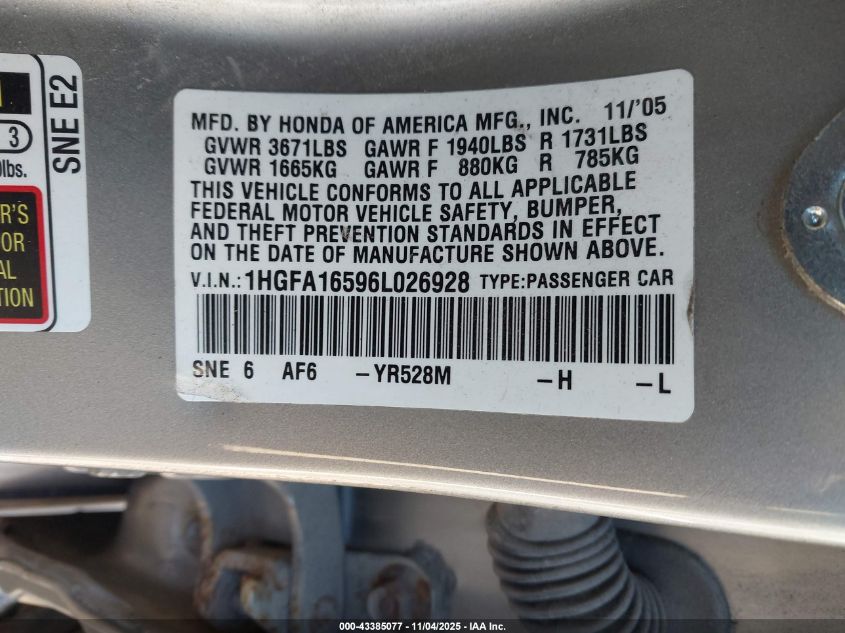 2006 Honda Civic Lx VIN: 1HGFA16596L026928 Lot: 43385077