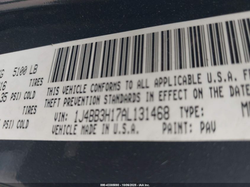 2010 Jeep Wrangler Unlimited Sport VIN: 1J4BB3H17AL131468 Lot: 43385080