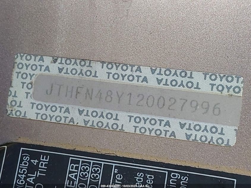 2002 Lexus Sc 430 VIN: JTHFN48Y120027996 Lot: 43385089