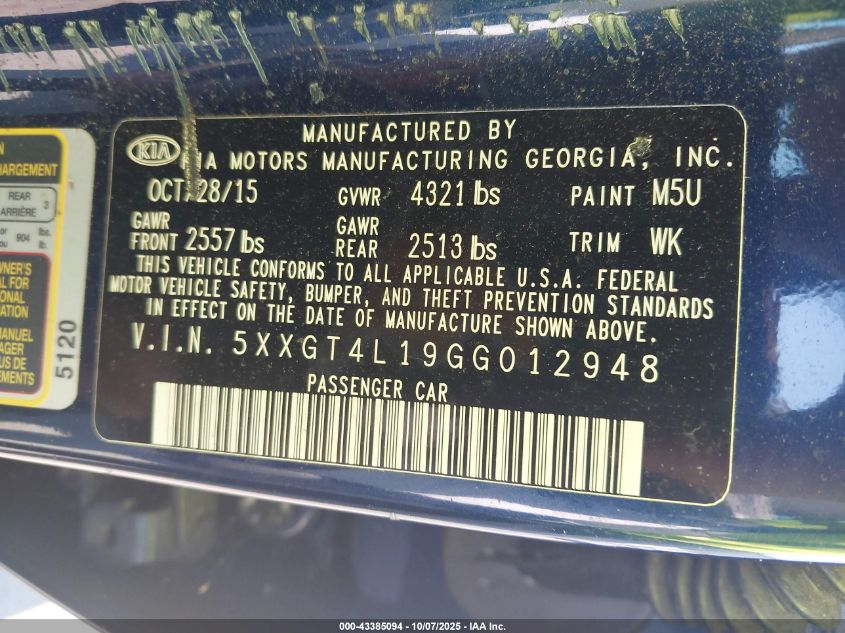2016 Kia Optima Lx Turbo VIN: 5XXGT4L19GG012948 Lot: 43385094
