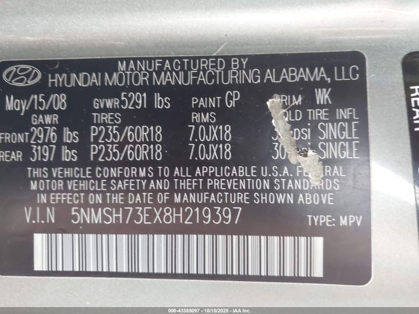 2008 Hyundai Santa Fe Limited/Se VIN: 5NMSH73EX8H219397 Lot: 43385097