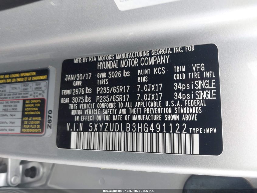 2017 Hyundai Santa Fe Sport 2.4L VIN: 5XYZUDLB3HG491122 Lot: 43385100