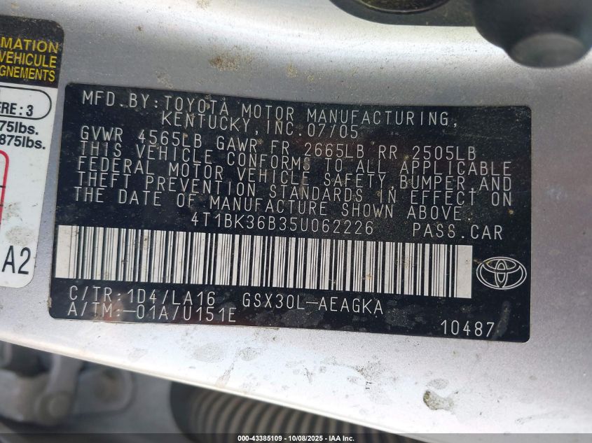 2005 Toyota Avalon Xls VIN: 4T1BK36B35U062226 Lot: 43385109