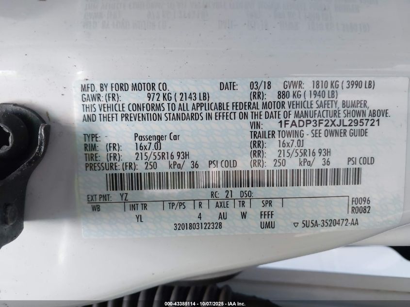 2018 Ford Focus Se VIN: 1FADP3F2XJL295721 Lot: 43385114