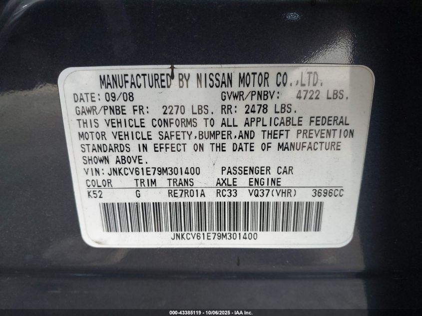 2009 Infiniti G37 Journey VIN: JNKCV61E79M301400 Lot: 43385119