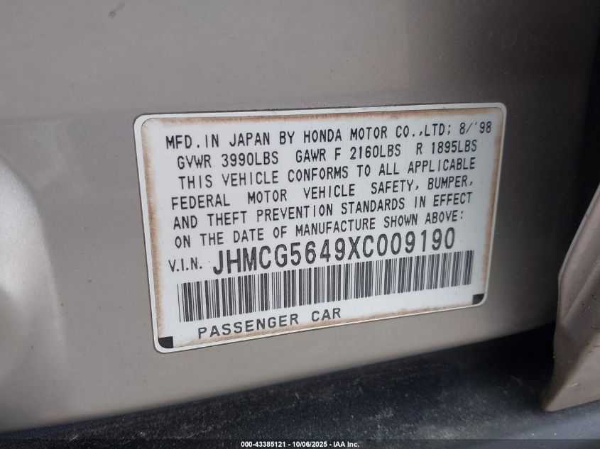 1999 Honda Accord Lx VIN: JHMCG5649XC009190 Lot: 43385121