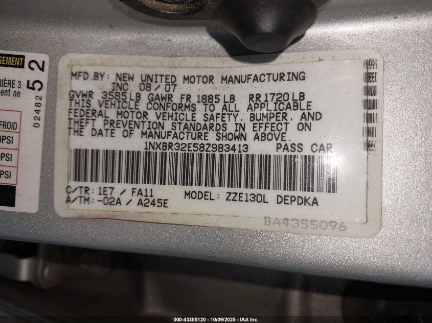 2008 Toyota Corolla Ce VIN: 1NXBR32E58Z983413 Lot: 43385120