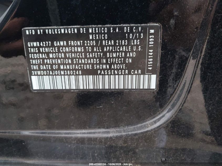 2014 Volkswagen Jetta 1.8T Se VIN: 3VWD07AJ0EM380248 Lot: 43385124