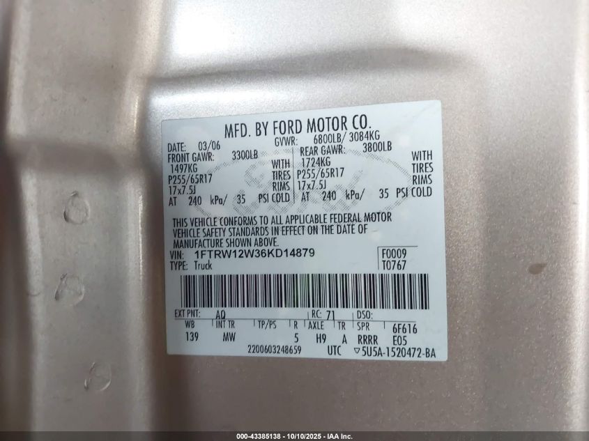 2006 Ford F-150 Xlt VIN: 1FTRW12W36KD14879 Lot: 43385138