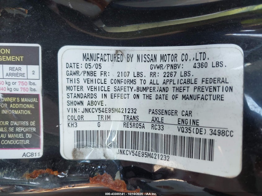 2005 Infiniti G35 VIN: JNKCV54E95M421232 Lot: 43385141