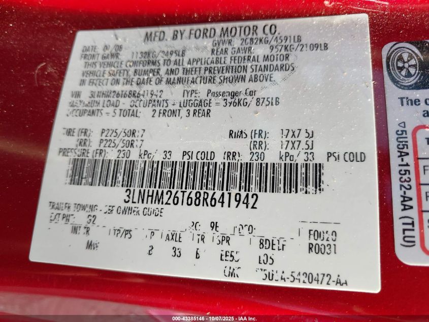 2008 Lincoln Mkz VIN: 3LNHM26T68R641942 Lot: 43385146