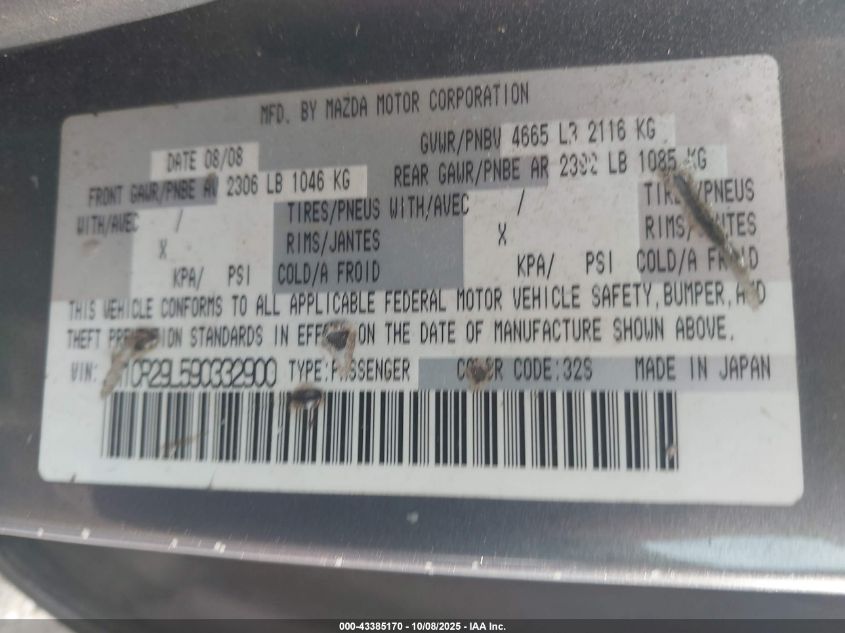 2009 Mazda Mazda5 Sport VIN: JM1CR29L590332900 Lot: 43385170