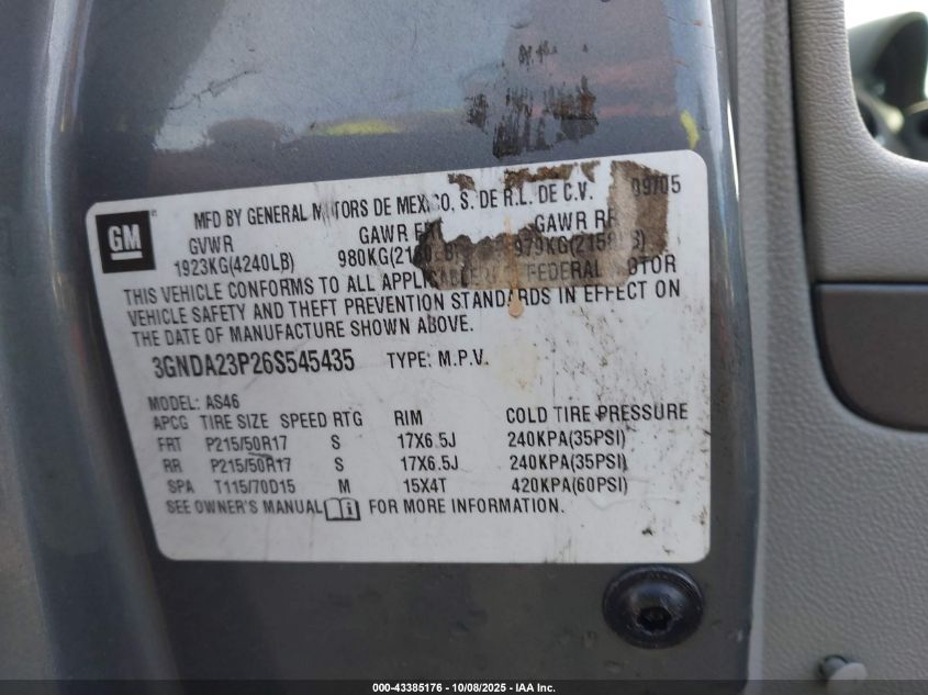 2006 Chevrolet Hhr Lt VIN: 3GNDA23P26S545435 Lot: 43385176