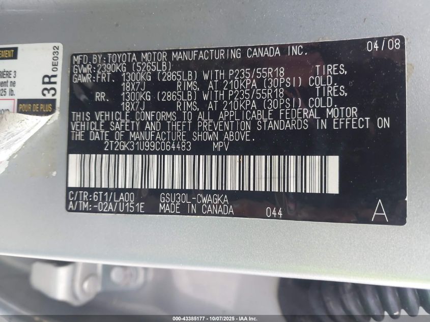 2009 Lexus Rx 350 VIN: 2T2GK31U99C064483 Lot: 43385177