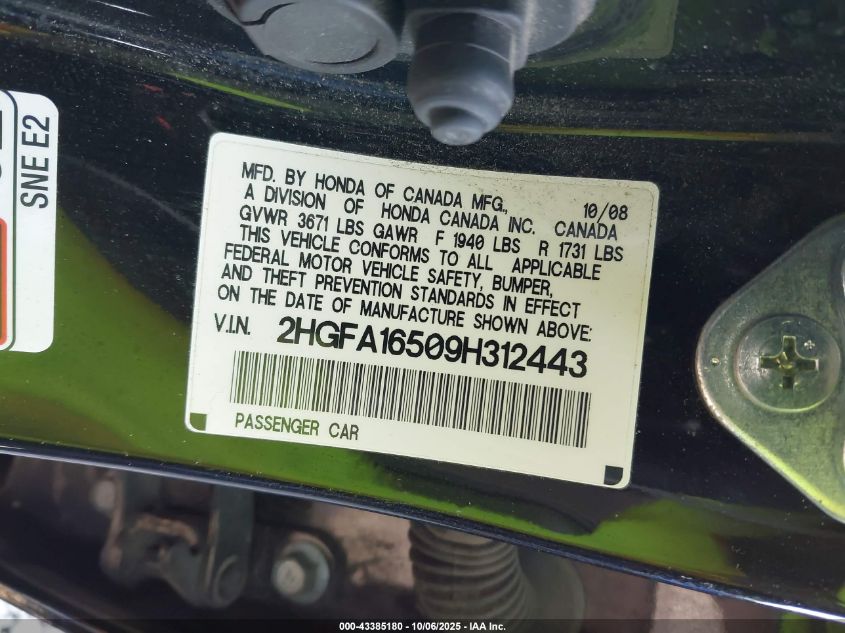 2009 Honda Civic Lx VIN: 2HGFA16509H312443 Lot: 43385180