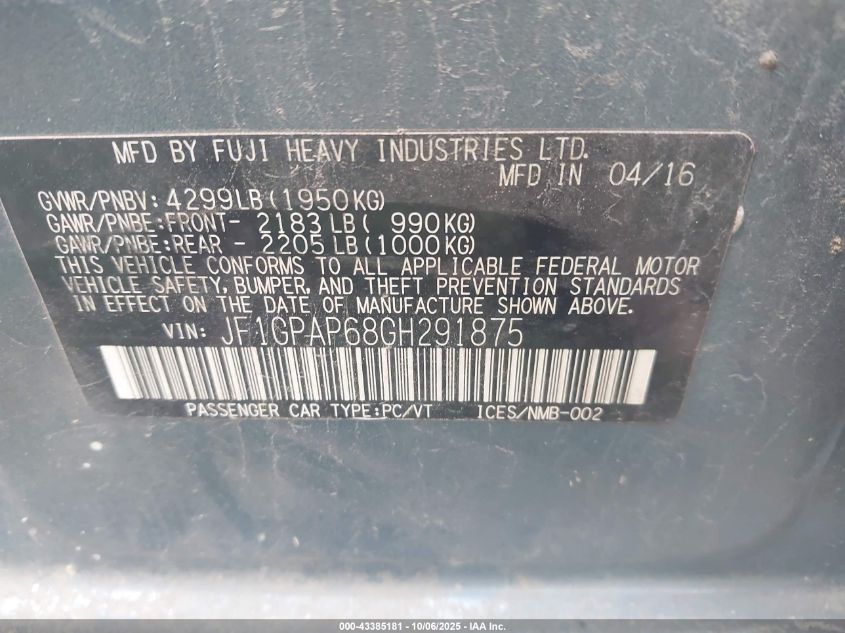 2016 Subaru Impreza 2.0I Sport Premium VIN: JF1GPAP68GH291875 Lot: 43385181