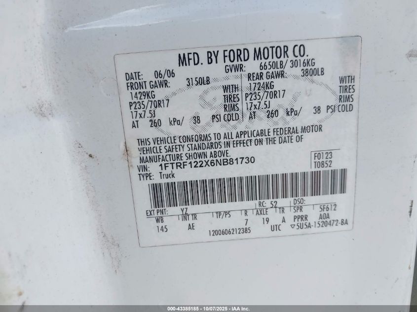 2006 Ford F-150 Stx/Xl/Xlt VIN: 1FTRF122X6NB81730 Lot: 43385185