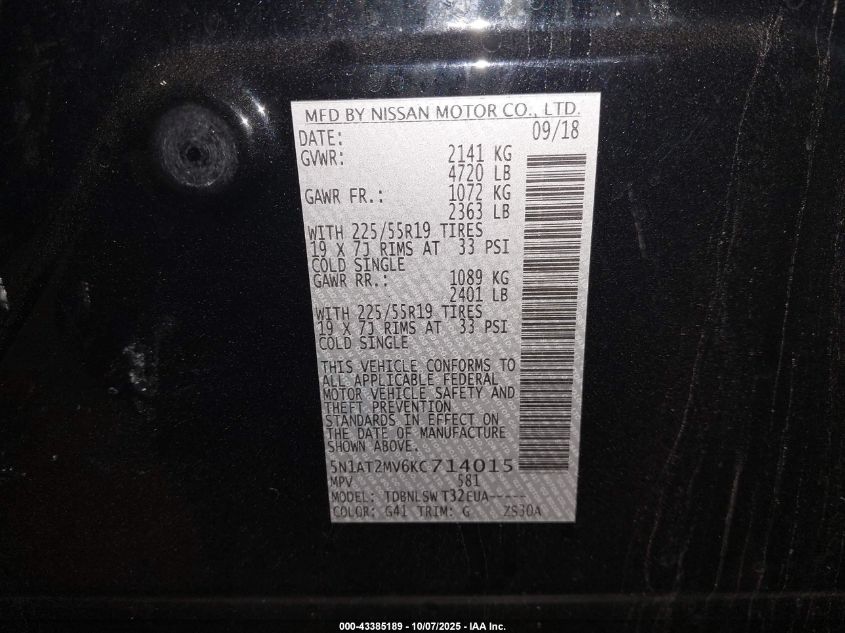 2019 Nissan Rogue Sl VIN: 5N1AT2MV6KC714015 Lot: 43385189