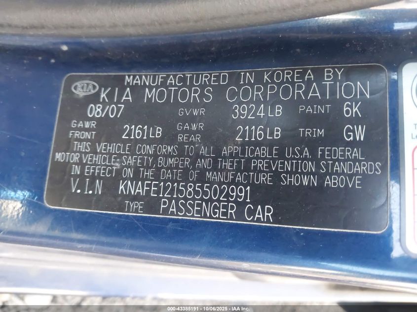 2008 Kia Spectra Ex VIN: KNAFE121585502991 Lot: 43385191