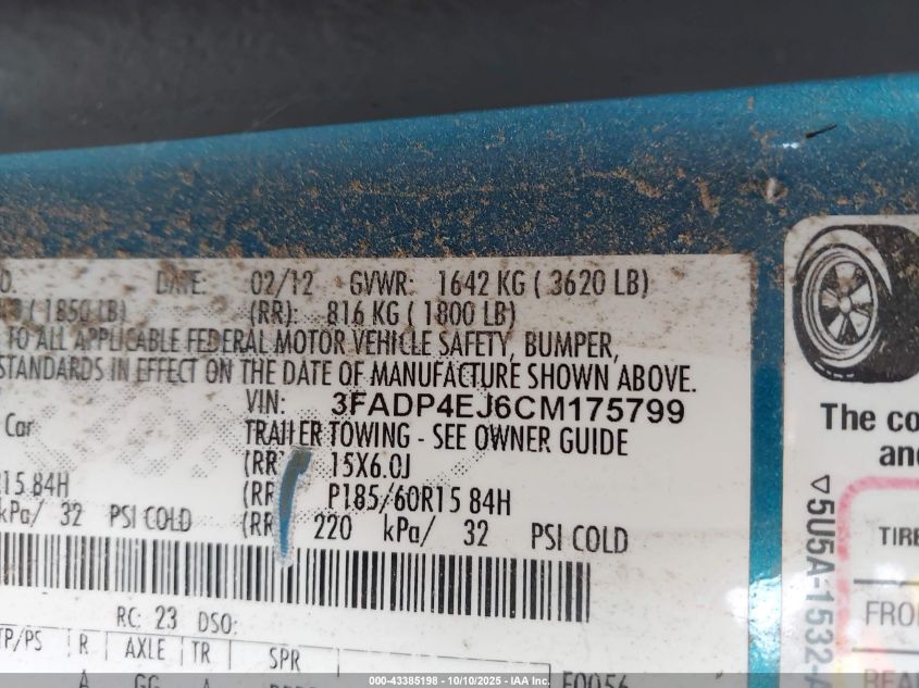 2012 Ford Fiesta Se VIN: 3FADP4EJ6CM175799 Lot: 43385198