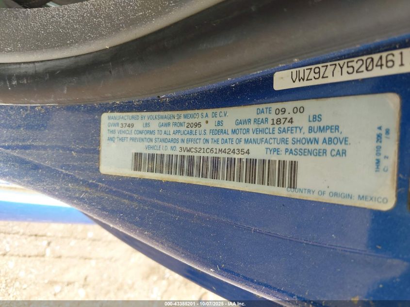 2001 Volkswagen New Beetle Gls VIN: 3VWCS21C61M424354 Lot: 43385201