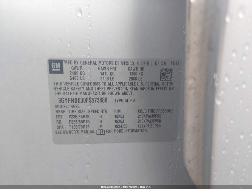 2015 Cadillac Srx Luxury Collection VIN: 3GYFNBE30FS573888 Lot: 43385203