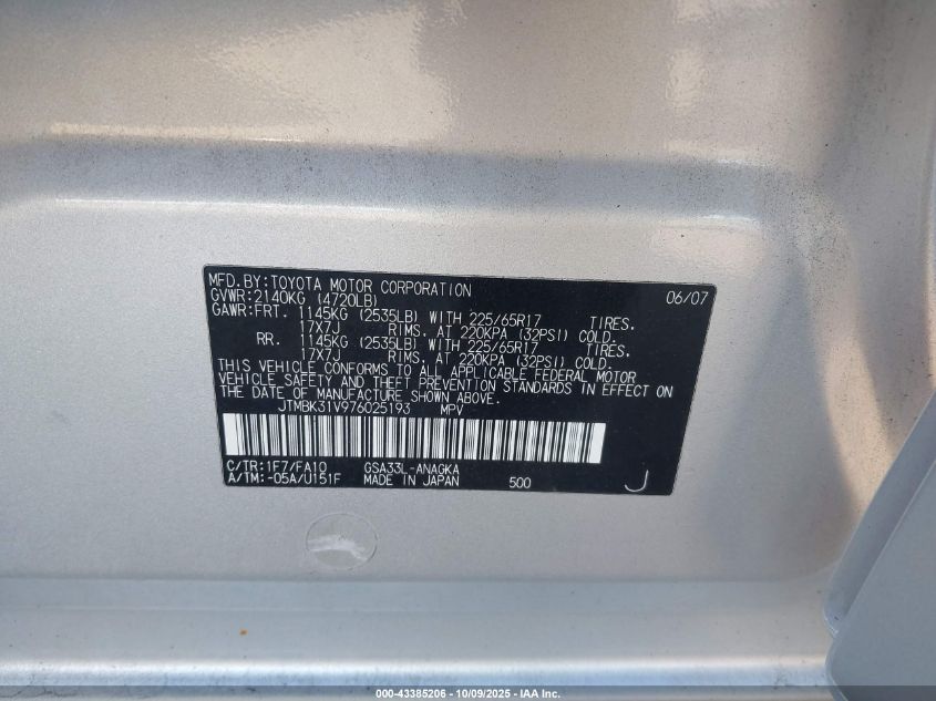 2007 Toyota Rav4 Limited V6 VIN: JTMBK31V976025193 Lot: 43385206