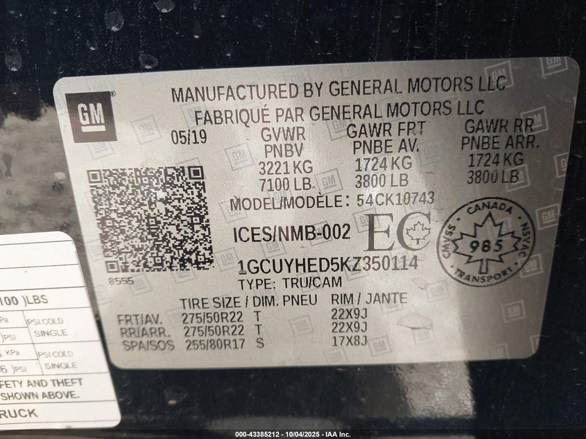 2019 Chevrolet Silverado 1500 High Country VIN: 1GCUYHED5KZ350114 Lot: 43385212