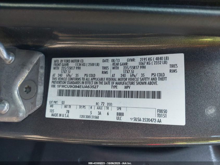 2014 Ford Escape Se VIN: 1FMCU9G94EUA63527 Lot: 43385223