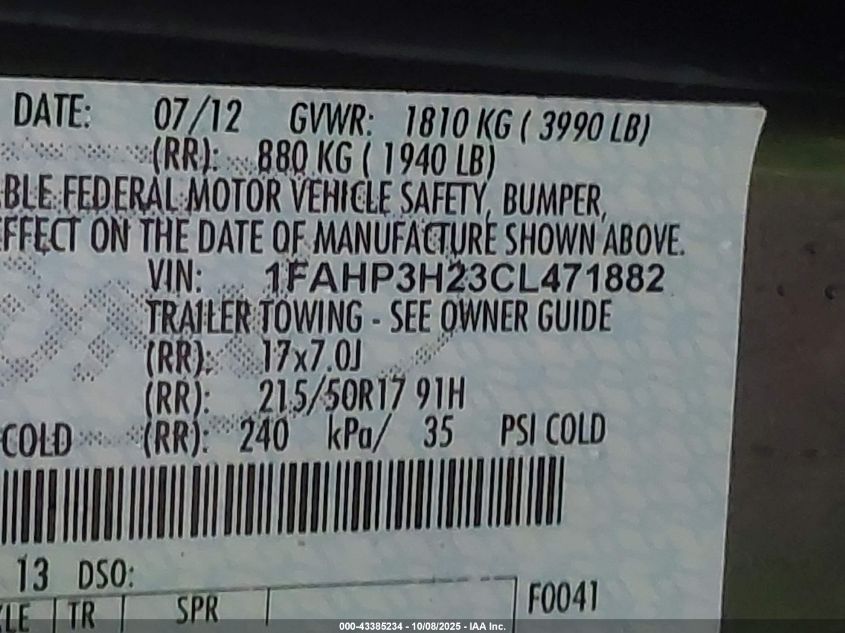 2012 Ford Focus Sel VIN: 1FAHP3H23CL471882 Lot: 43385234