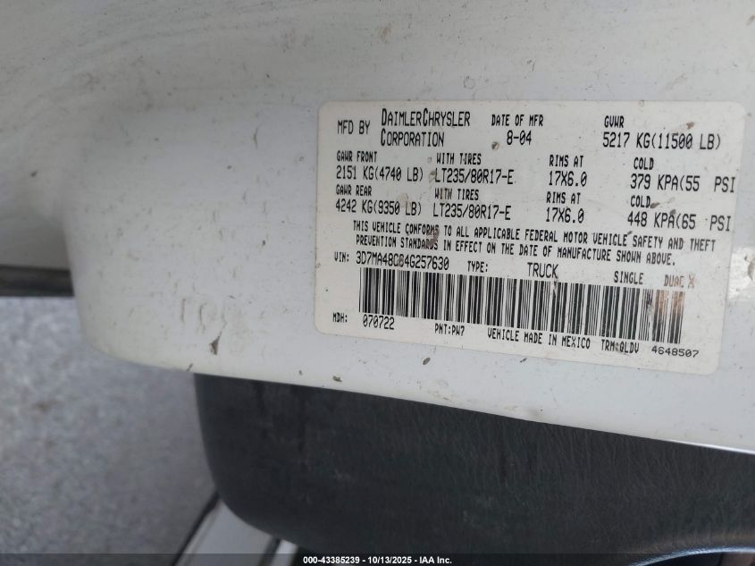 2004 Dodge Ram 3500 Slt/Laramie VIN: 3D7MA48C64G257630 Lot: 43385239