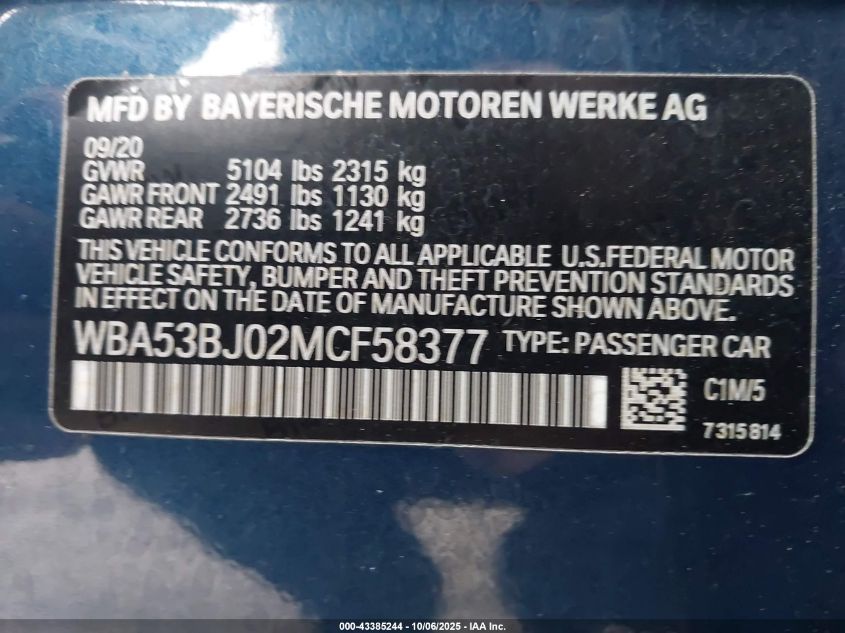 2021 BMW 540I VIN: WBA53BJ02MCF58377 Lot: 43385244