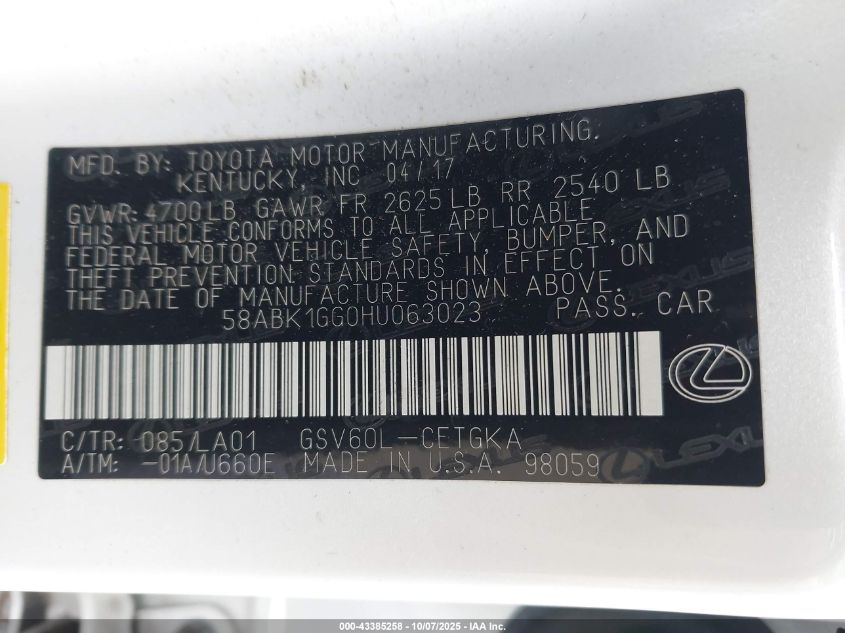 2017 Lexus Es 350 VIN: 58ABK1GG0HU063023 Lot: 43385258