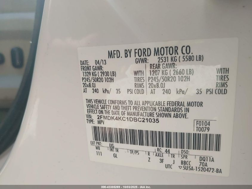 2013 Ford Edge Limited VIN: 2FMDK4KC1DBC21035 Lot: 43385269