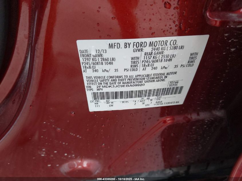 2014 Ford Edge Sel VIN: 2FMDK3JC9EBA09920 Lot: 43385280