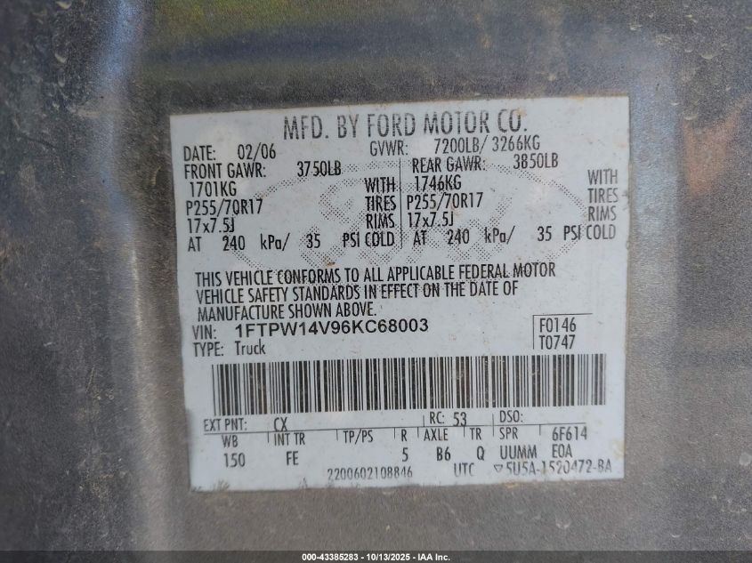 2006 Ford F-150 Fx4/Lariat/Xlt VIN: 1FTPW14V96KC68003 Lot: 43385283