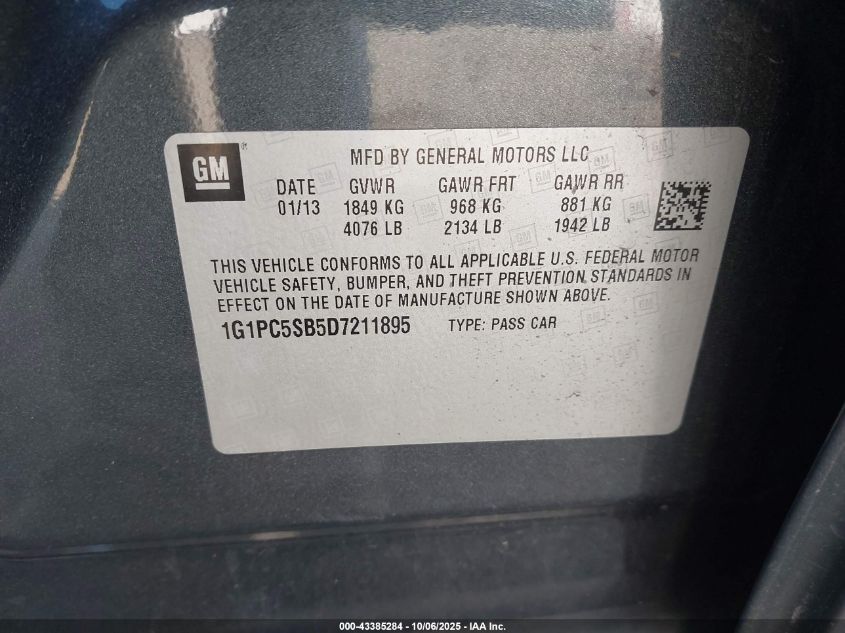 2013 Chevrolet Cruze 1Lt Auto VIN: 1G1PC5SB5D7211895 Lot: 43385284