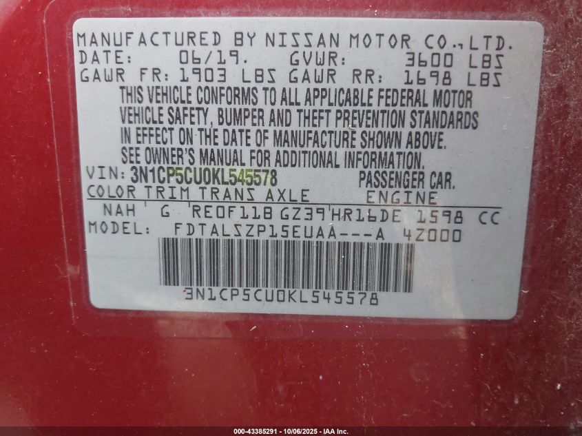 2019 Nissan Kicks Sv VIN: 3N1CP5CU0KL545578 Lot: 43385291