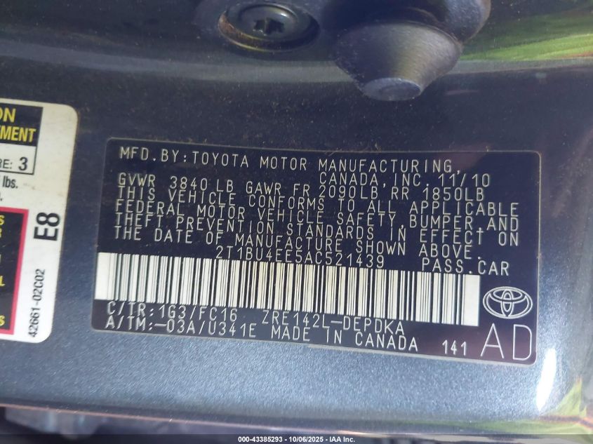 2010 Toyota Corolla Le VIN: 2T1BU4EE5AC521439 Lot: 43385293