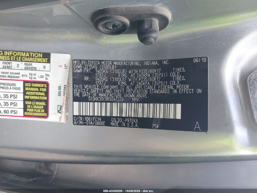 2011 Toyota Sienna Le V6 VIN: 5TDKK3DC9BS047276 Lot: 43385295