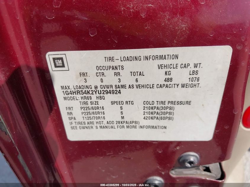 2000 Buick Lesabre Limited VIN: 1G4HR54K2YU294924 Lot: 43385299