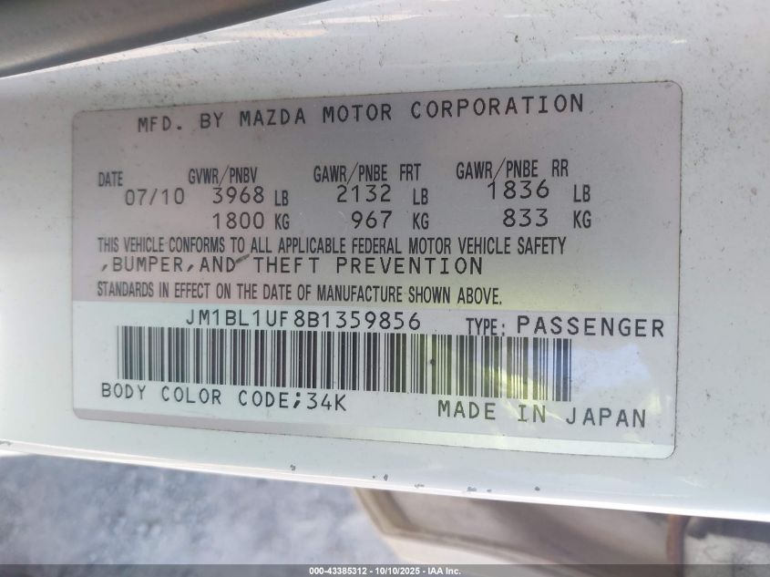 2011 Mazda Mazda3 I Sport VIN: JM1BL1UF8B1359856 Lot: 43385312