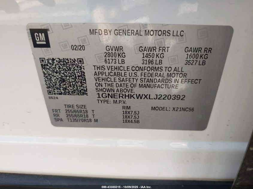 2020 Chevrolet Traverse Fwd Lt Leather VIN: 1GNERHKWXLJ220392 Lot: 43385315