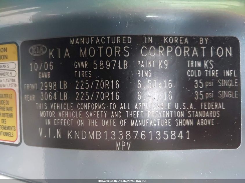 2007 Kia Sedona VIN: KNDMB133876135841 Lot: 43385316