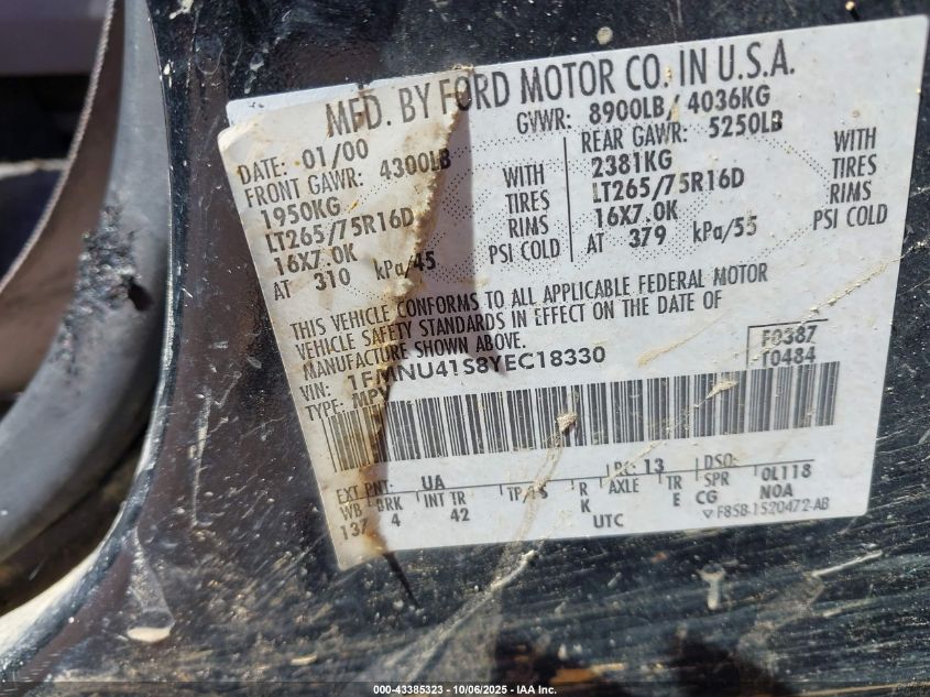 2000 Ford Excursion Xlt VIN: 1FMNU41S8YEC18330 Lot: 43385323